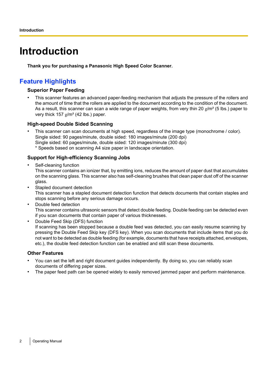 Introduction, Feature highlights | Panasonic KV-S5055C User Manual | Page 2 / 91