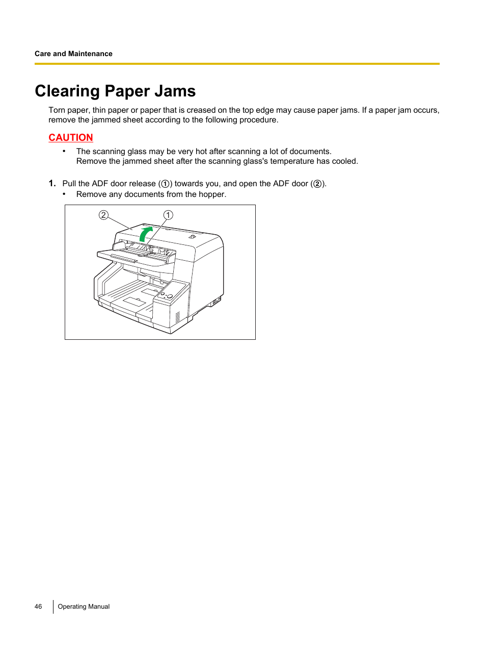 Care and maintenance, Clearing paper jams, Caution | Panasonic KV-S5055C User Manual | Page 46 / 91