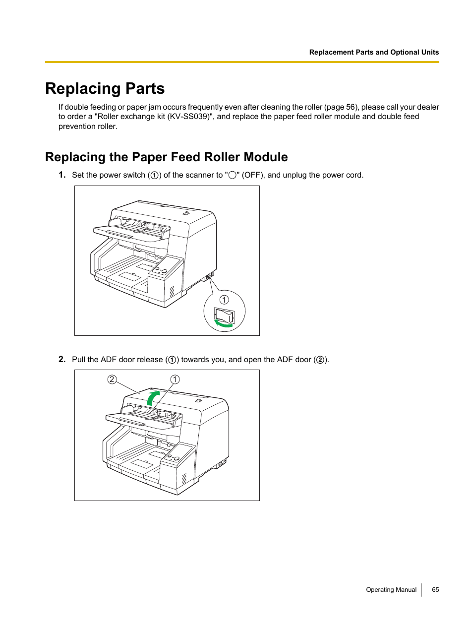 Replacing parts, Replacing the paper feed roller module | Panasonic KV-S5055C User Manual | Page 65 / 91