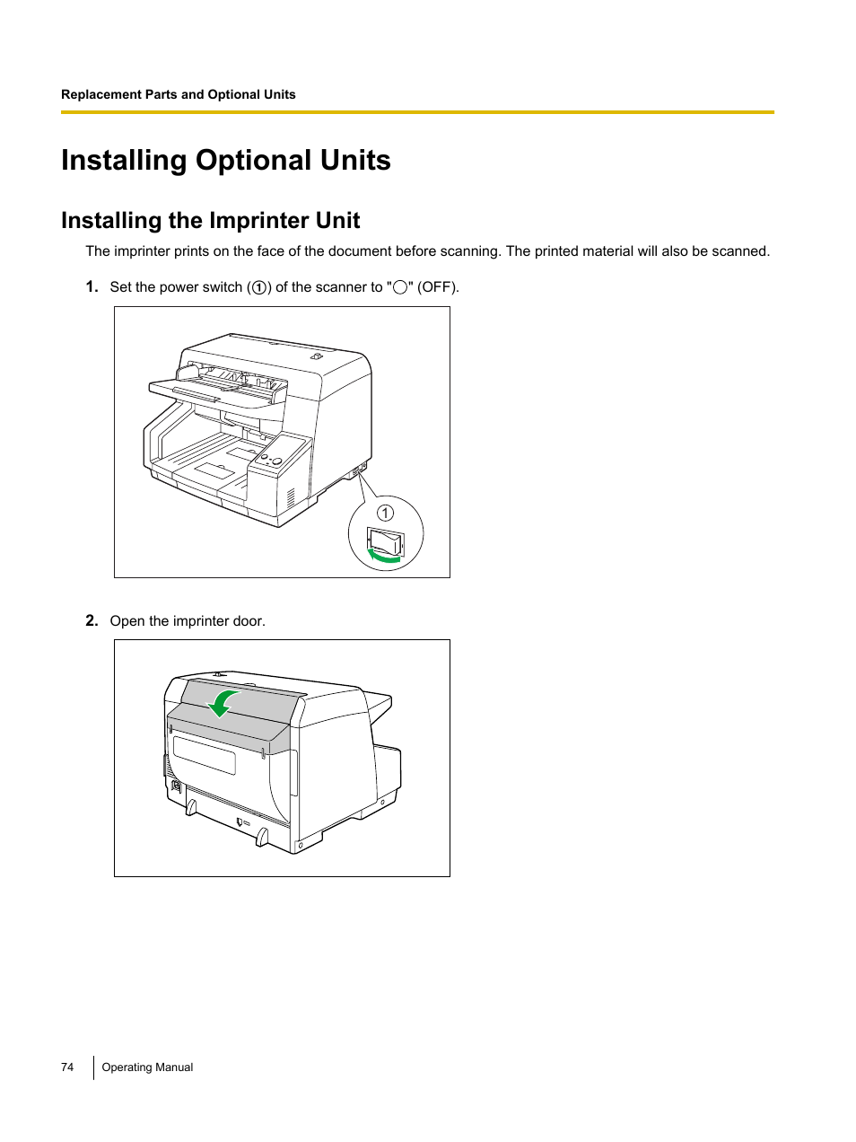 Installing optional units, Installing the imprinter unit | Panasonic KV-S5055C User Manual | Page 74 / 91