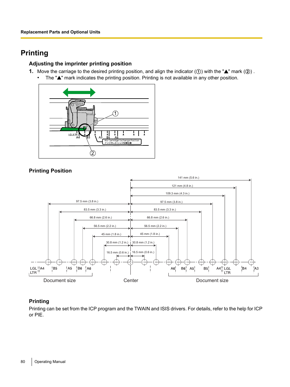 Printing, Adjusting the imprinter printing position 1, Printing position | Document size, Document size center | Panasonic KV-S5055C User Manual | Page 80 / 91