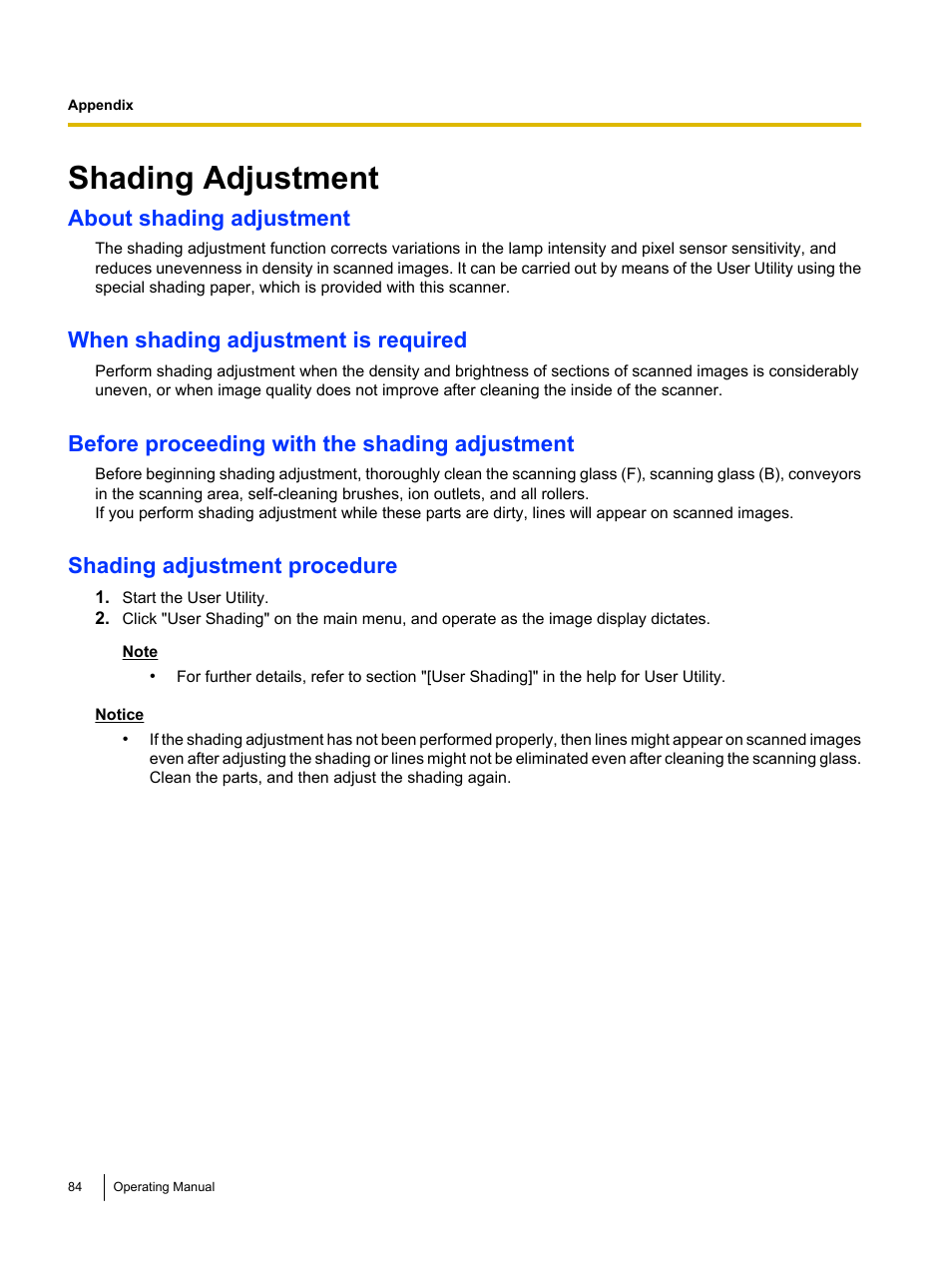 Shading adjustment, About shading adjustment, When shading adjustment is required | Before proceeding with the shading adjustment, Shading adjustment procedure | Panasonic KV-S5055C User Manual | Page 84 / 91