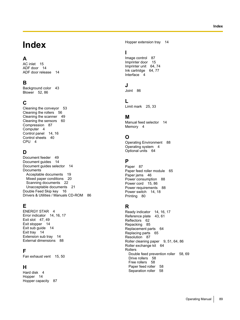 Index | Panasonic KV-S5055C User Manual | Page 89 / 91