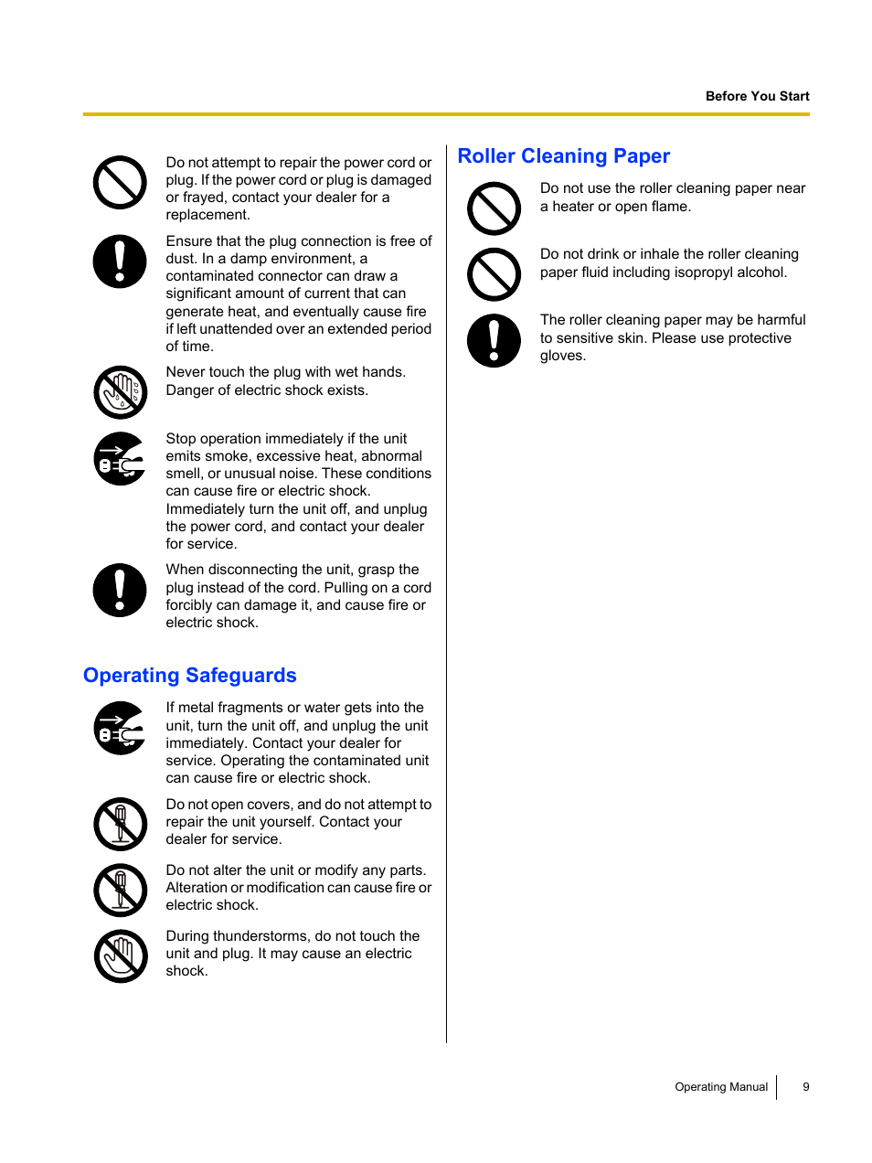 Operating safeguards, Roller cleaning paper | Panasonic KV-S5055C User Manual | Page 9 / 91