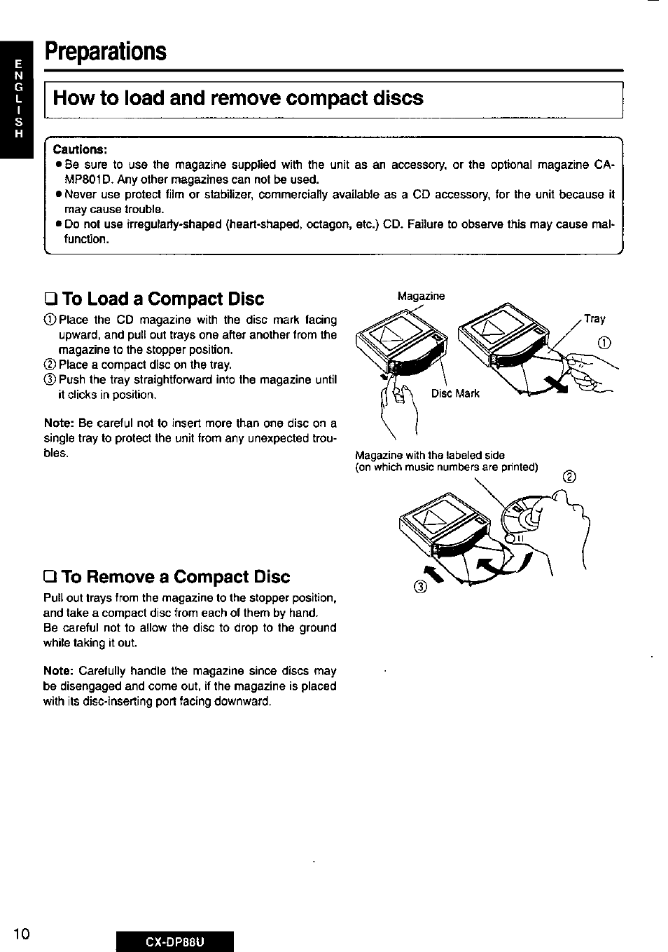 How to load and remove compact discs, To load a compact disc, To remove a compact disc | Preparations | Panasonic Cx-dp88u User Manual | Page 10 / 48