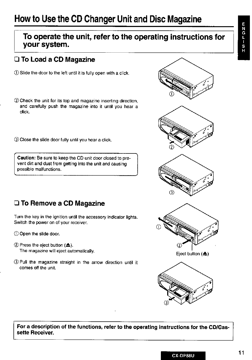 To load a cd magazine, To remove a cd magazine, How to use the cd changer unit and disc magazine | Panasonic Cx-dp88u User Manual | Page 11 / 48