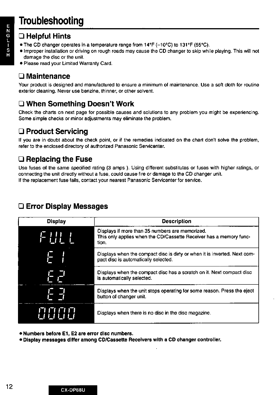 Helpful hints, Maintenance, When something doesn’t work | Product servicing, Replacing the fuse, Error display messages, U u u u, Troubleshooting, I li l l, C i m | Panasonic Cx-dp88u User Manual | Page 12 / 48