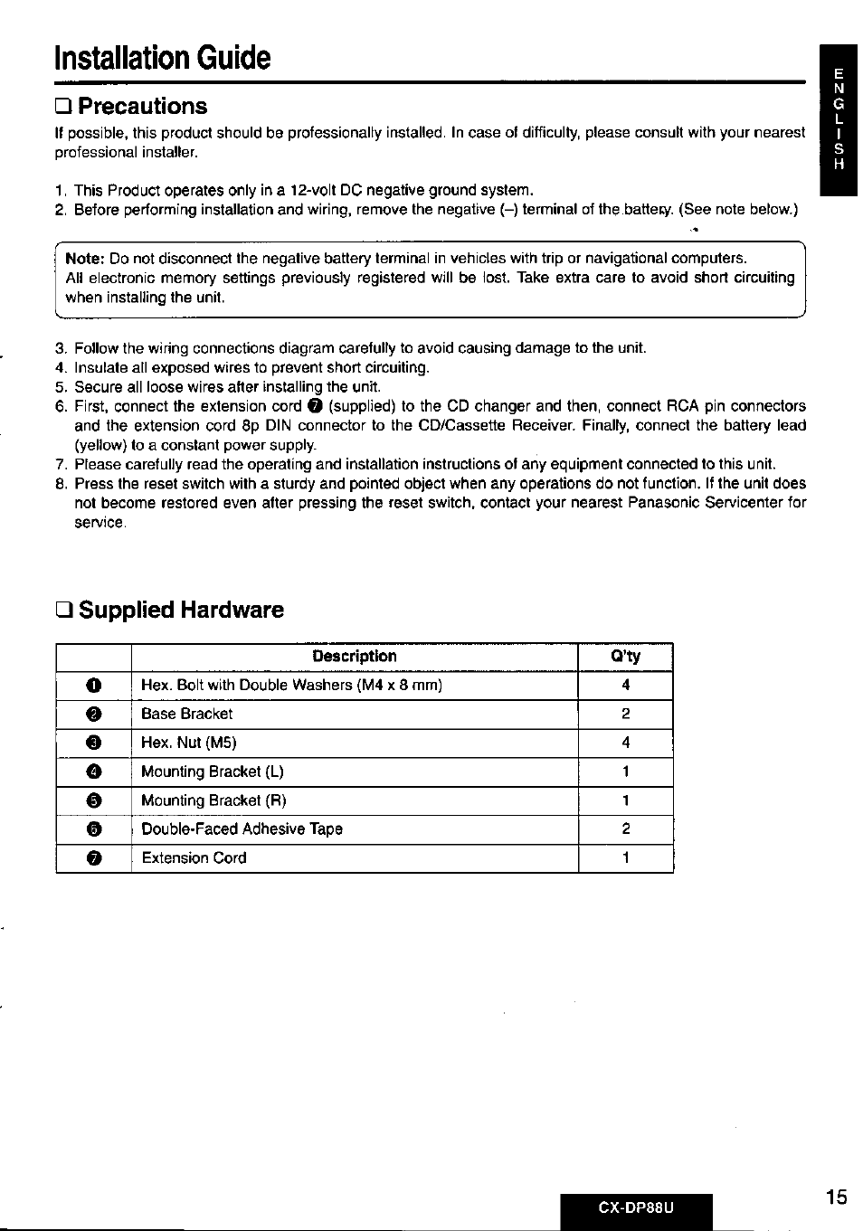 Precautions, Supplied hardware, Installation guide | Panasonic Cx-dp88u User Manual | Page 15 / 48