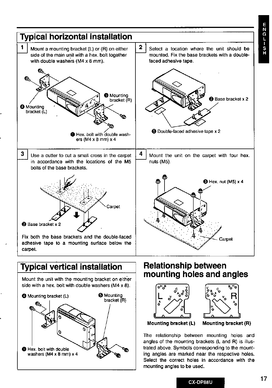 Typical horizontal installation, Typical vertical installation, Relationship between mounting holes and angles | Panasonic Cx-dp88u User Manual | Page 17 / 48
