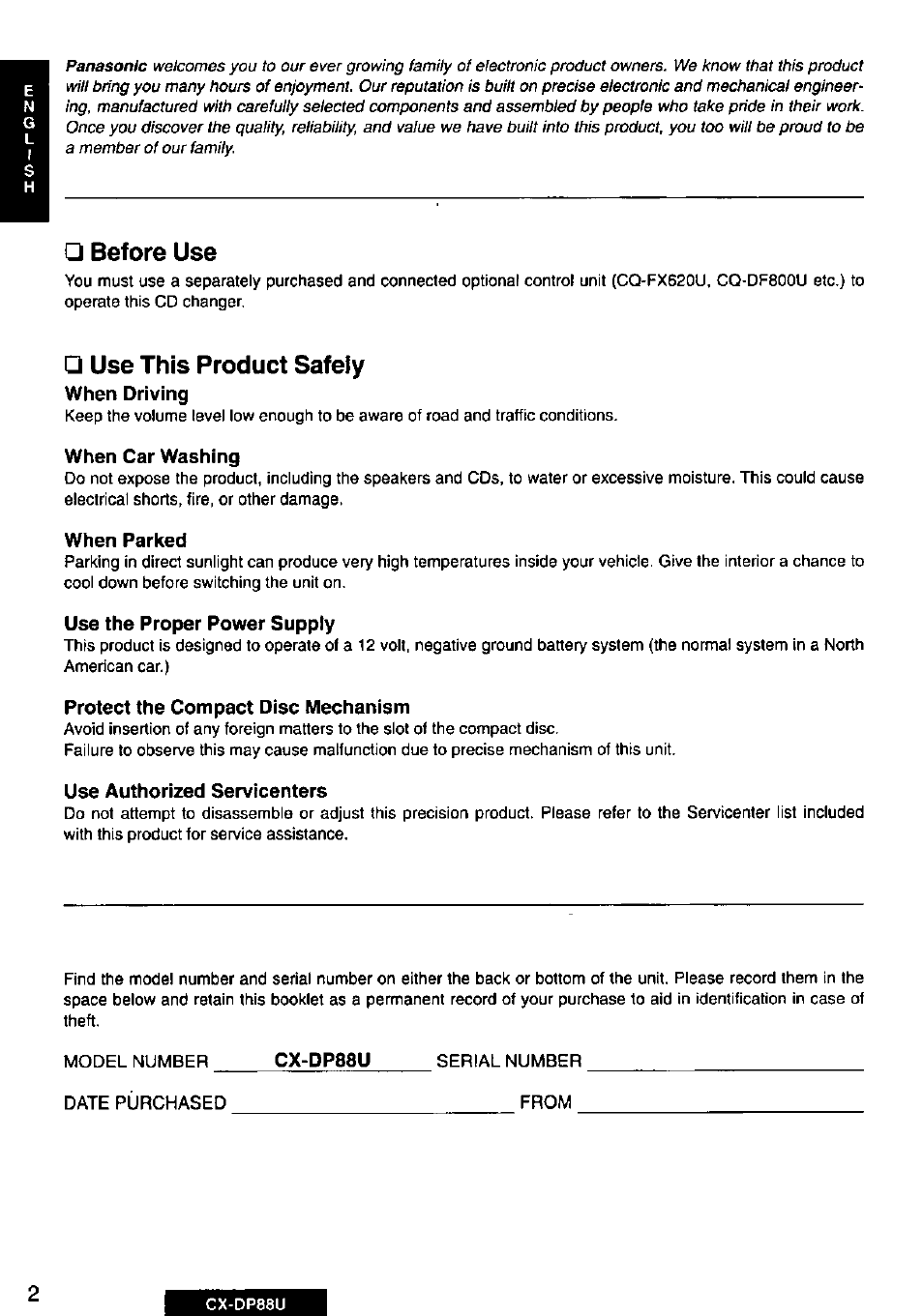 Before use, Use this product safely, When car washing | When parked, Use the proper power supply, Protect the compact disc mechanism, Use authorized servicenters | Panasonic Cx-dp88u User Manual | Page 2 / 48