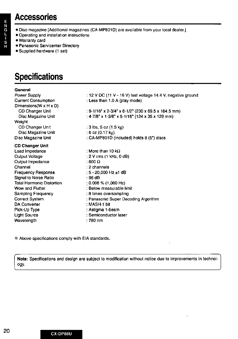 Accessories, Specifications | Panasonic Cx-dp88u User Manual | Page 20 / 48