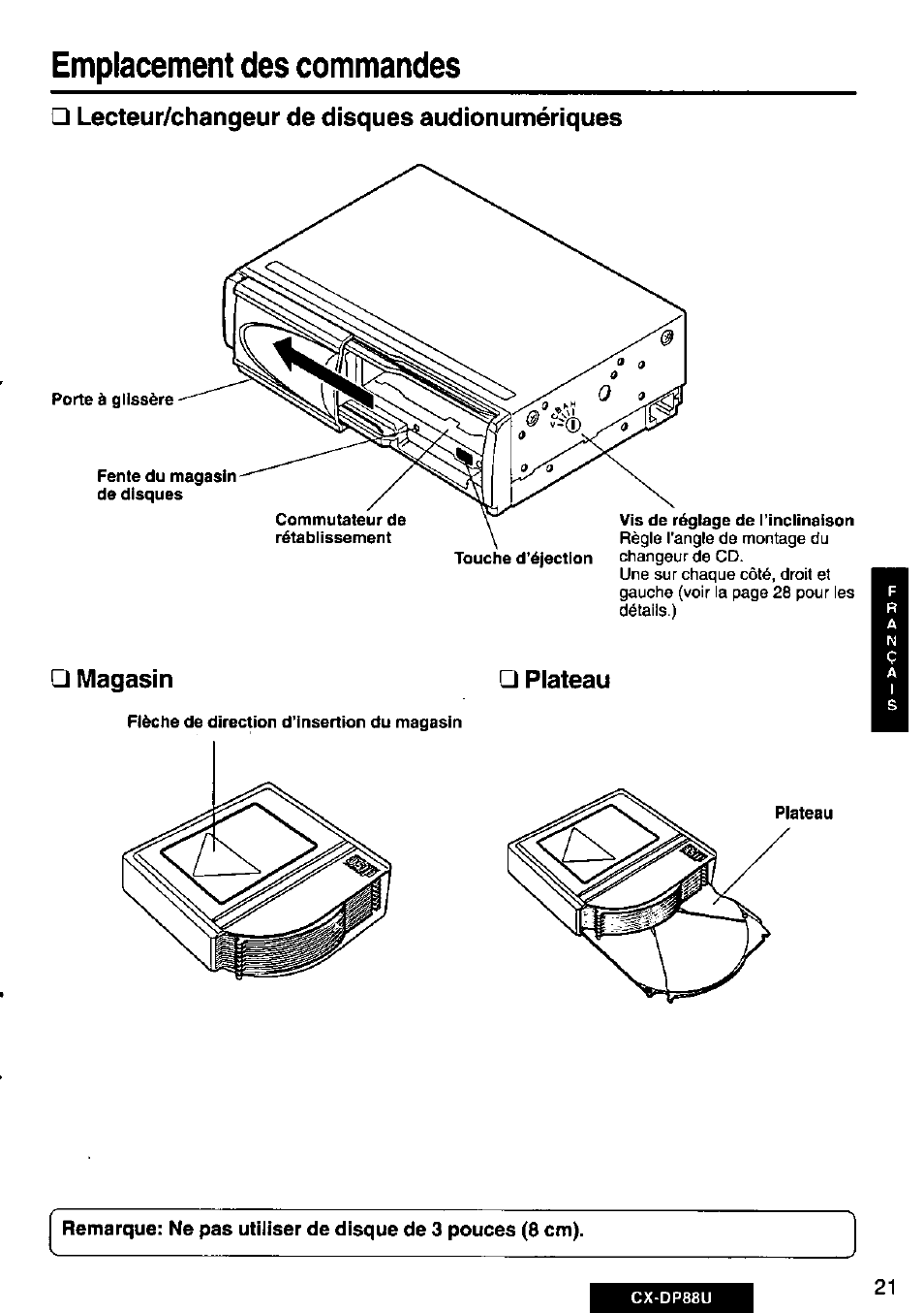 Lecteur/changeur de disques audionumériques, Magasin, Emplacement des commandes | Plateau | Panasonic Cx-dp88u User Manual | Page 21 / 48