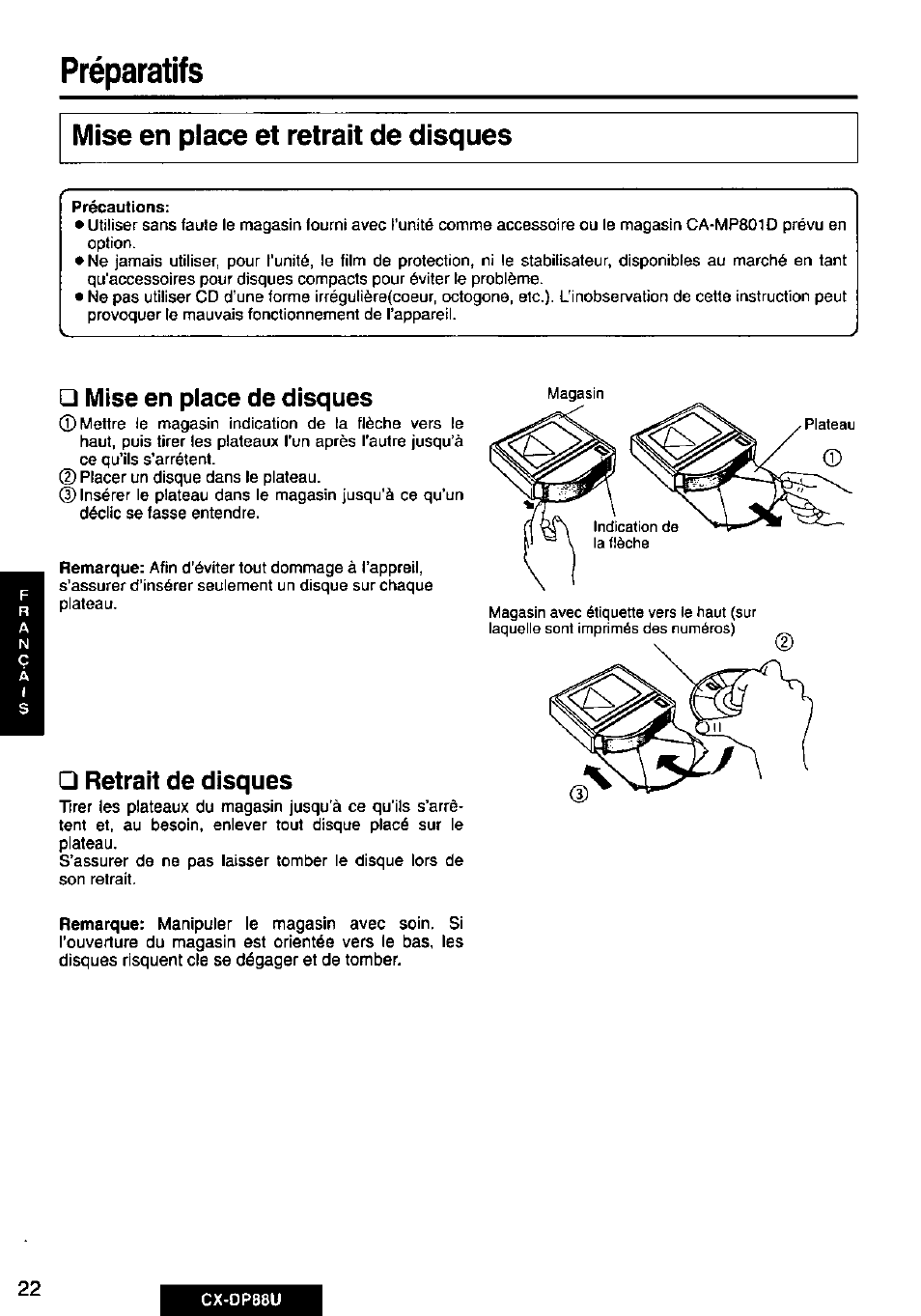 Mise en place et retrait de disques, Retrait de disques, Préparatifs | Mise en place de disques | Panasonic Cx-dp88u User Manual | Page 22 / 48