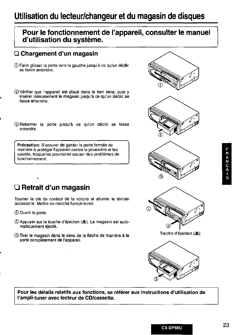 Chargement d’un magasin, Retrait d’un magasin | Panasonic Cx-dp88u User Manual | Page 23 / 48