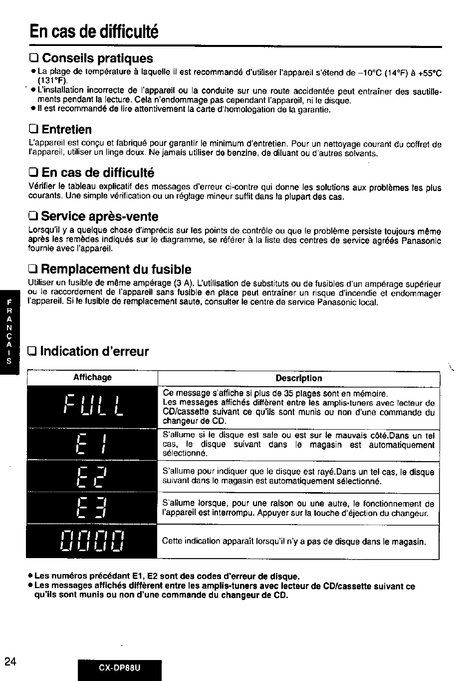 Conseils pratiques, En cas de difficulté, Service après-vente | Remplacement du fusible, Indication d’erreur, U u u u, Entretien, Indication d’erreur r, C h 1 1 | Panasonic Cx-dp88u User Manual | Page 24 / 48