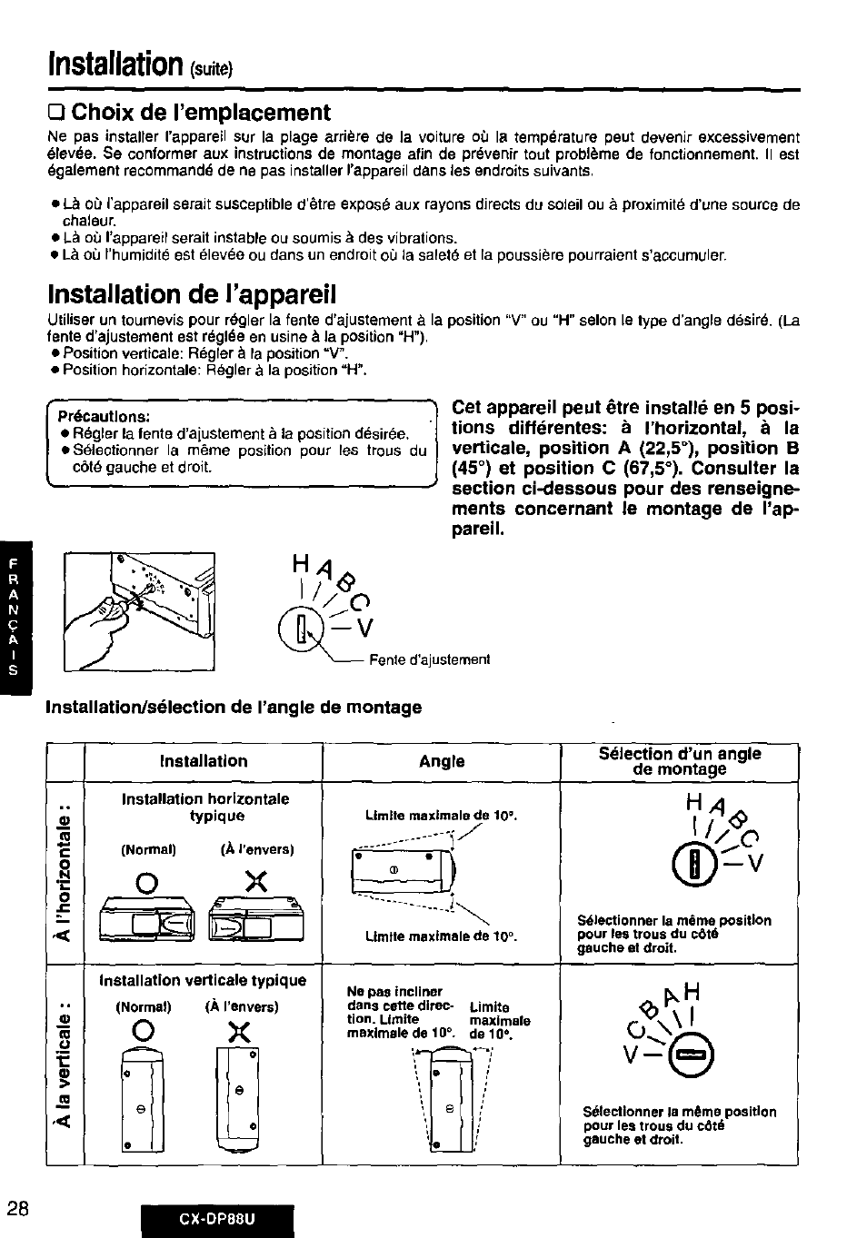 Choix de remplacement, Installation de l’appareil, Installation/sélection de l’angle de montage | Installation (suite) | Panasonic Cx-dp88u User Manual | Page 28 / 48