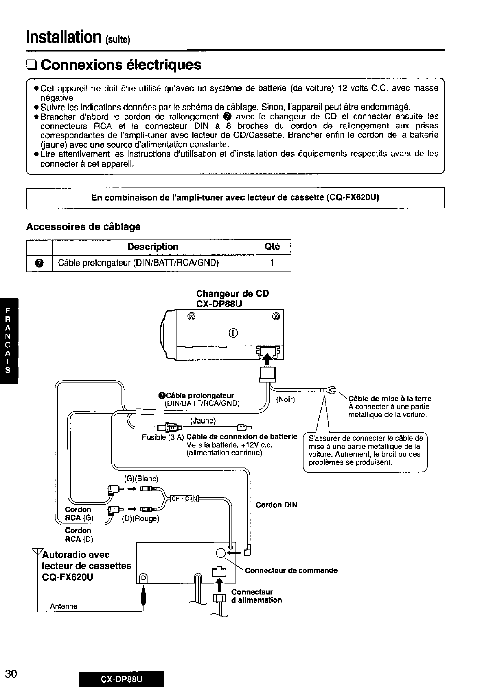 Connexions électriques, Installation | Panasonic Cx-dp88u User Manual | Page 30 / 48