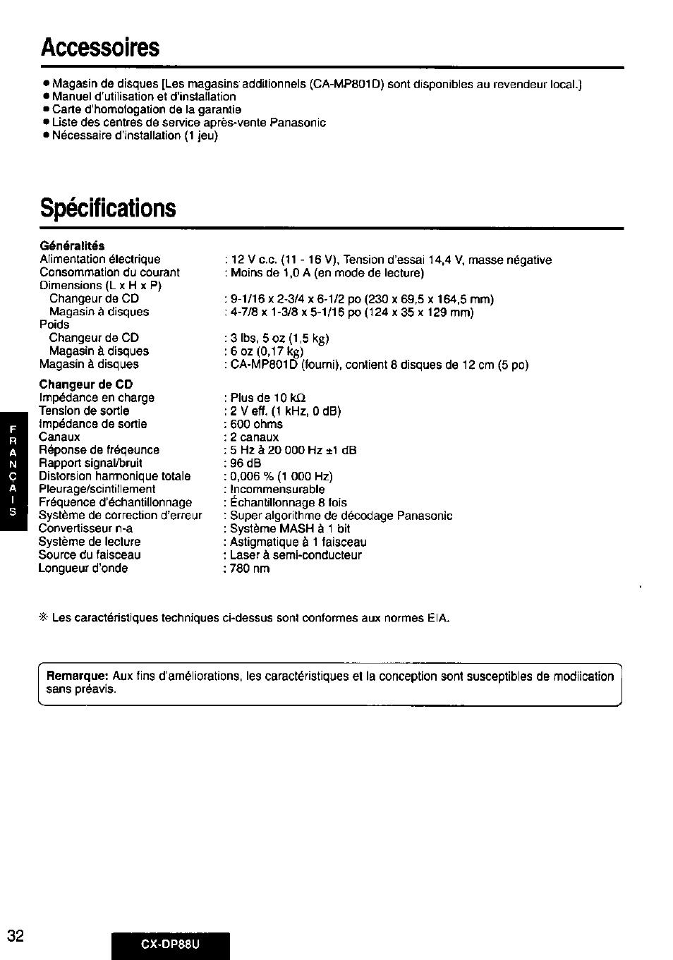 Accessoires, Spécifications | Panasonic Cx-dp88u User Manual | Page 32 / 48
