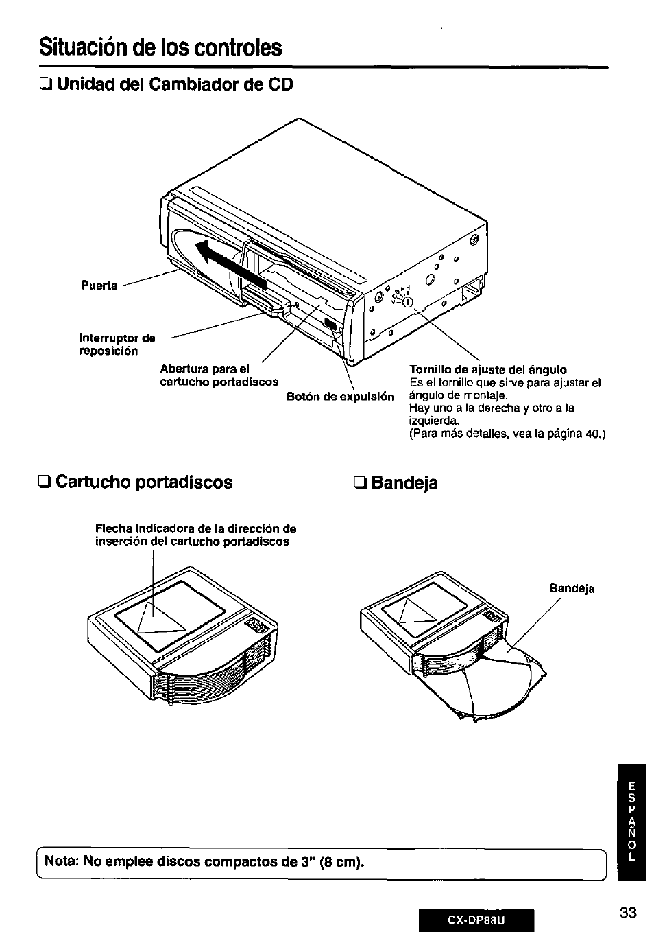 Unidad del cambiador de cd, Cartucho portadiscos, Situación de los controles | Panasonic Cx-dp88u User Manual | Page 33 / 48