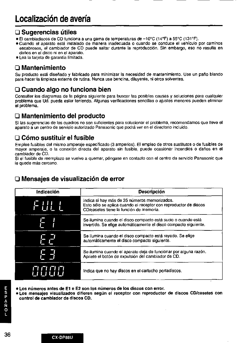 Sugerencias útiles, Mantenimiento, Cuando algo no funciona bien | Mantenimiento del producto, Cómo sustituir el fusible, Mensajes de visualización de error, Descripción, N n n n, Localización de avería, I li l l | Panasonic Cx-dp88u User Manual | Page 36 / 48