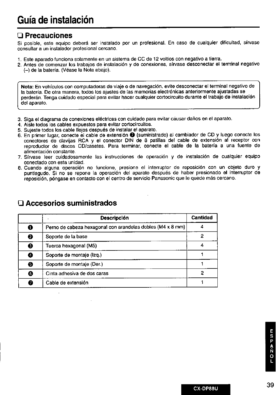 Precauciones, Accesorios suministrados, Guía de instalación | Panasonic Cx-dp88u User Manual | Page 39 / 48