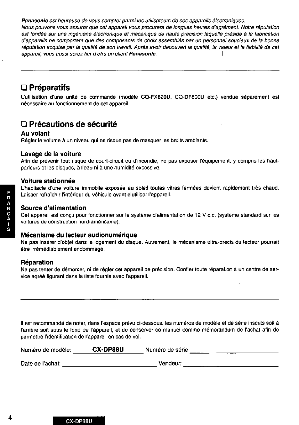 Préparatifs, Précautions de sécurité, Lavage de la voiture | Voiture stationnée, Source d’alimentation, Mécanisme du lecteur audionumérique, Réparation, Cx-dp88u | Panasonic Cx-dp88u User Manual | Page 4 / 48