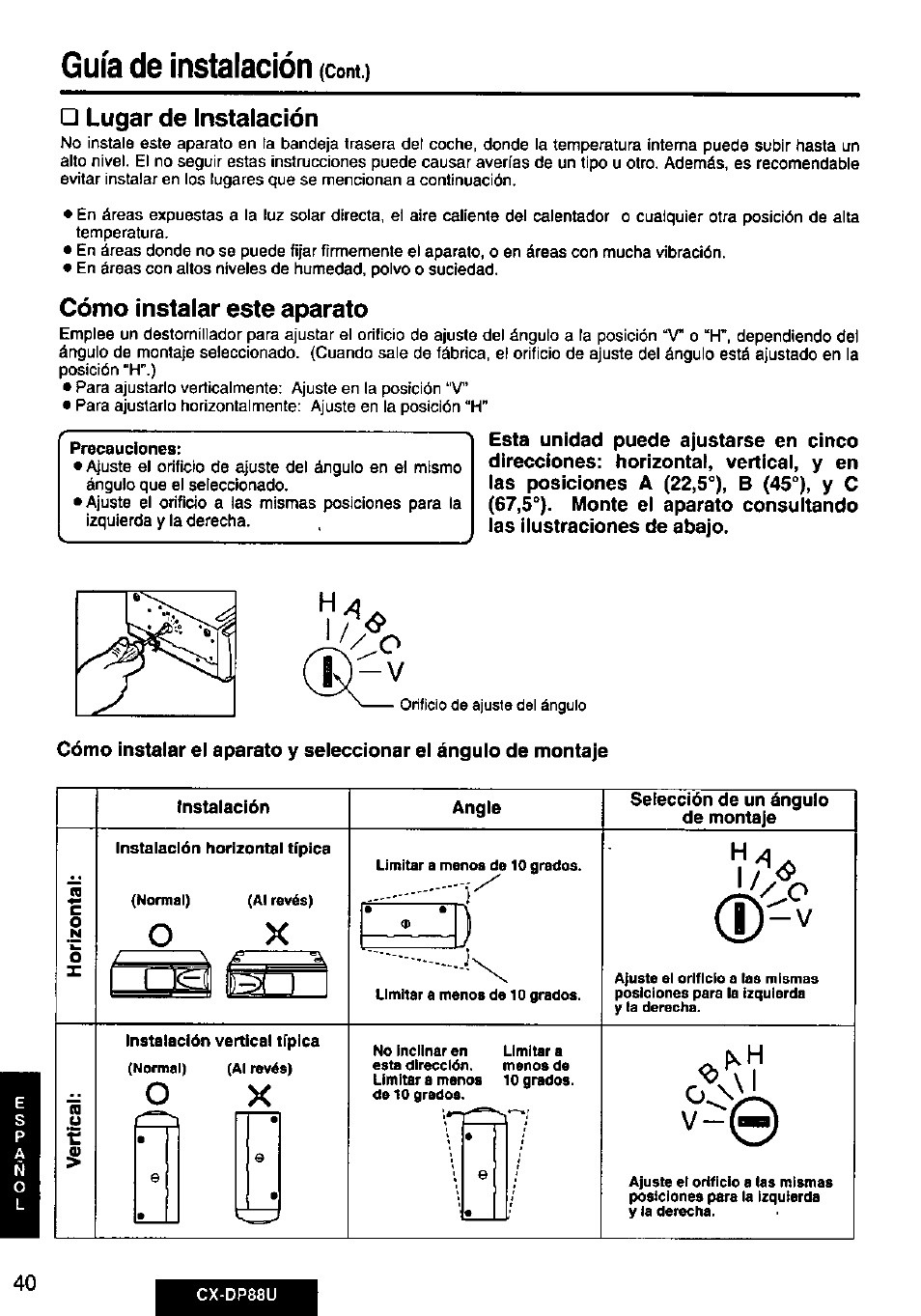 Lugar de instalación, Cómo instalar este aparato, Guía de instalación | Coni.) | Panasonic Cx-dp88u User Manual | Page 40 / 48