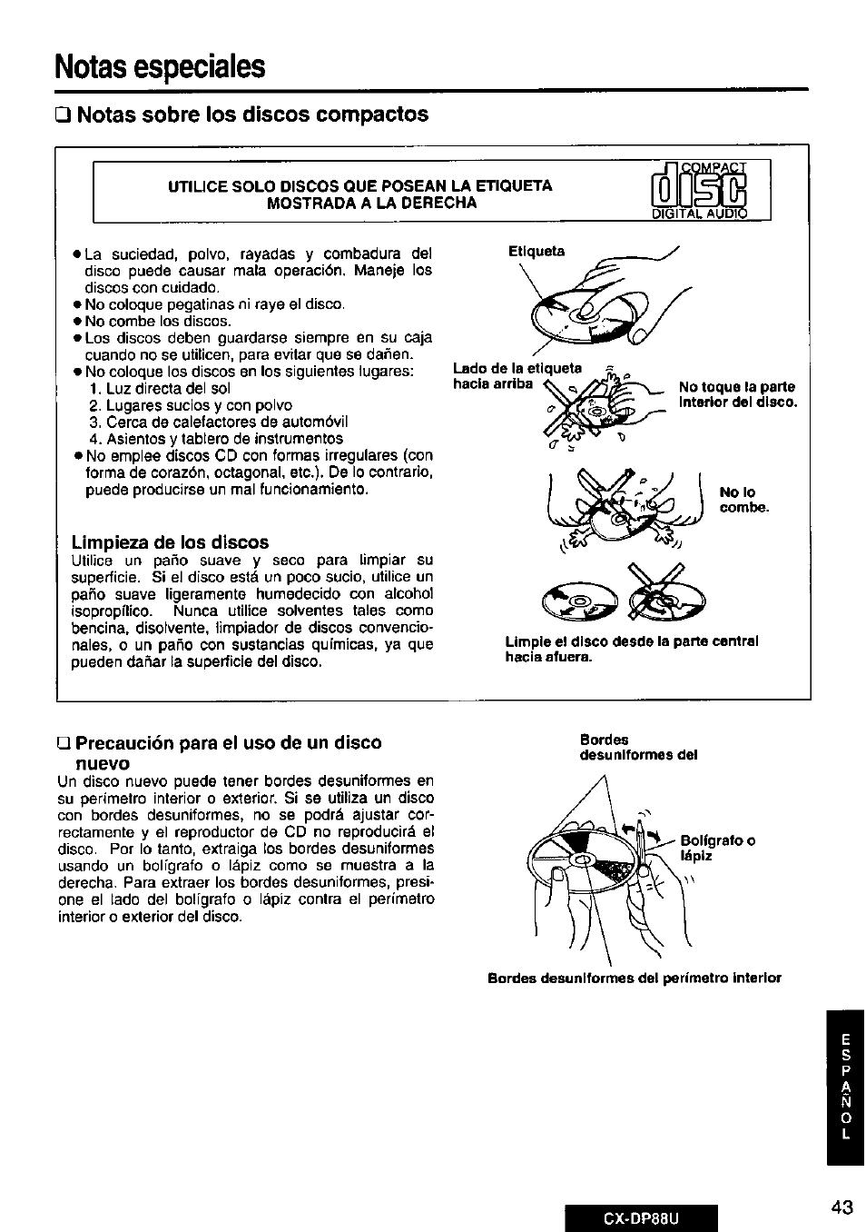 Notas especiales, Notas sobre los discos compactos | Panasonic Cx-dp88u User Manual | Page 43 / 48