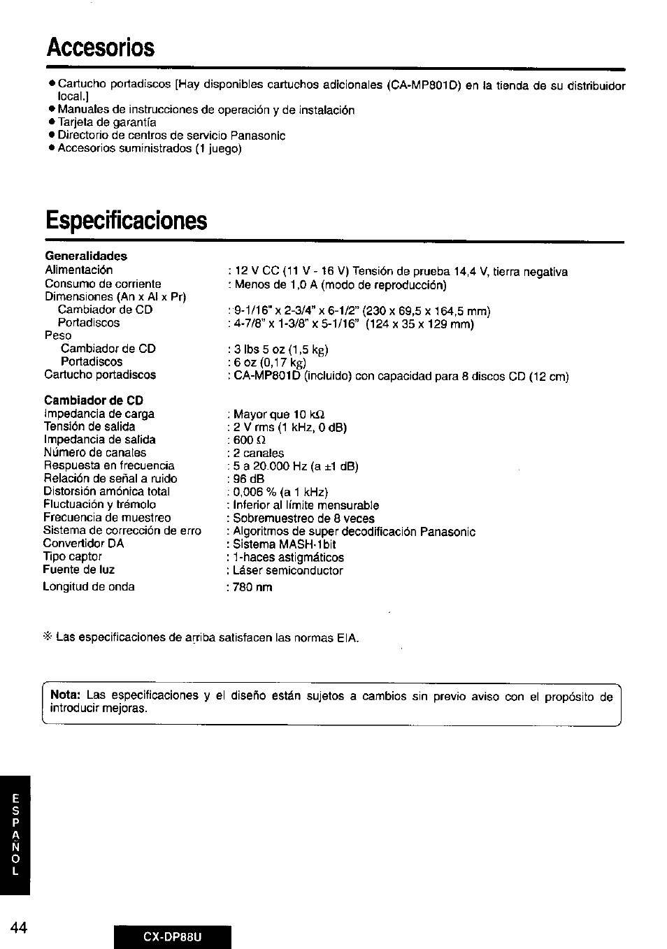 Accesorios, Especificaciones | Panasonic Cx-dp88u User Manual | Page 44 / 48
