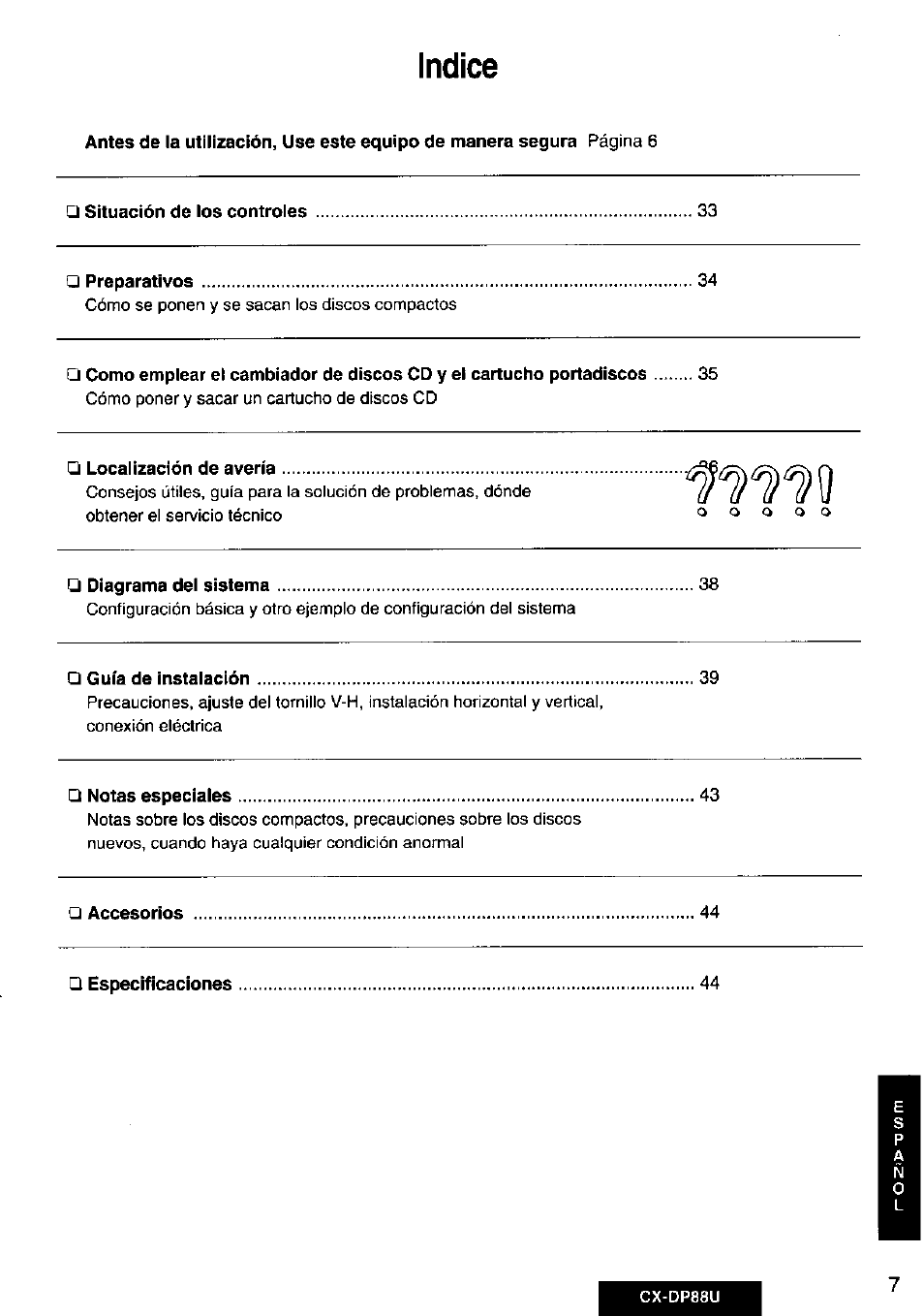 Indice | Panasonic Cx-dp88u User Manual | Page 7 / 48