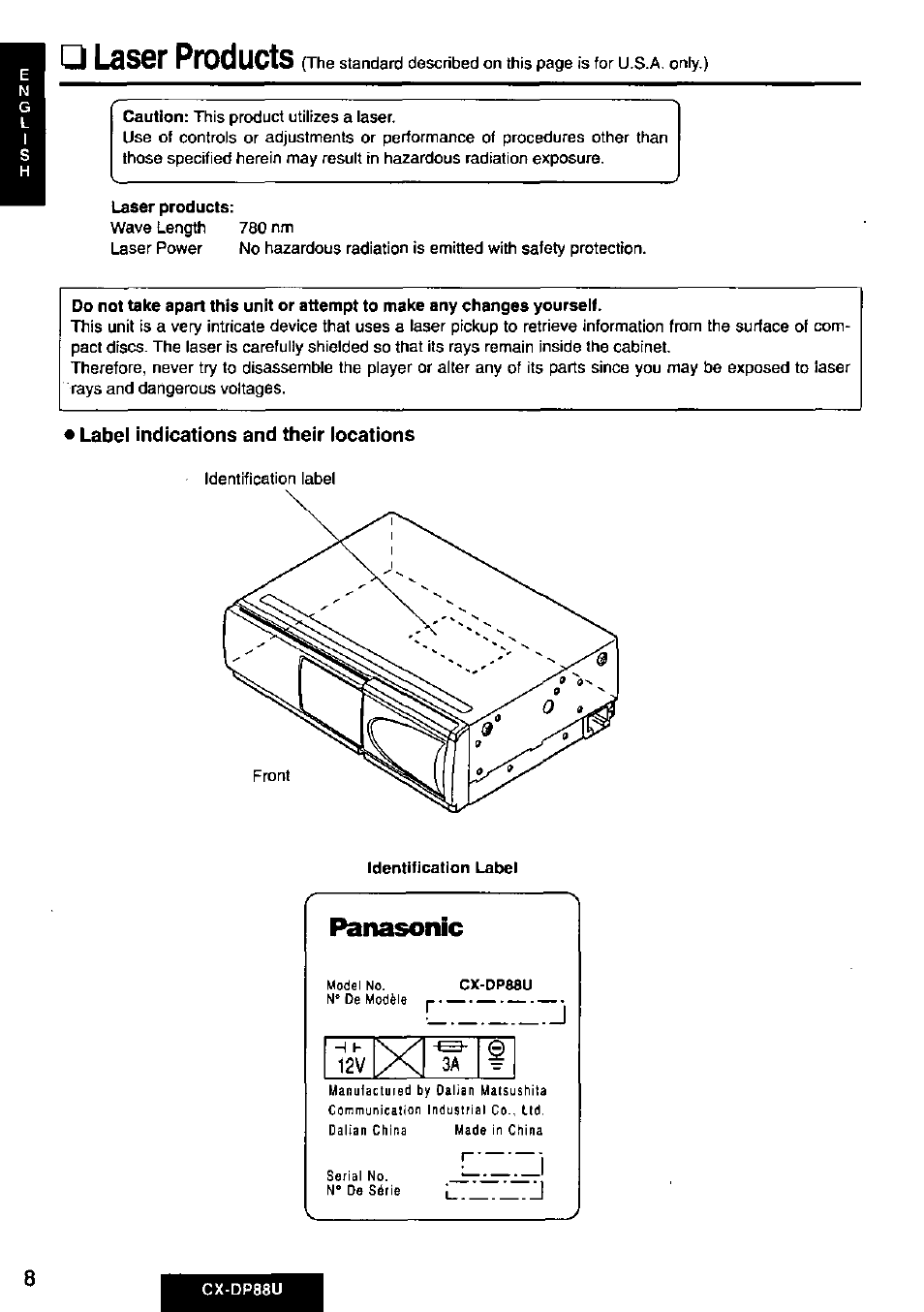 Label indications and their iocations, Laser products, Panasonic | L._ _ _ _ i | Panasonic Cx-dp88u User Manual | Page 8 / 48