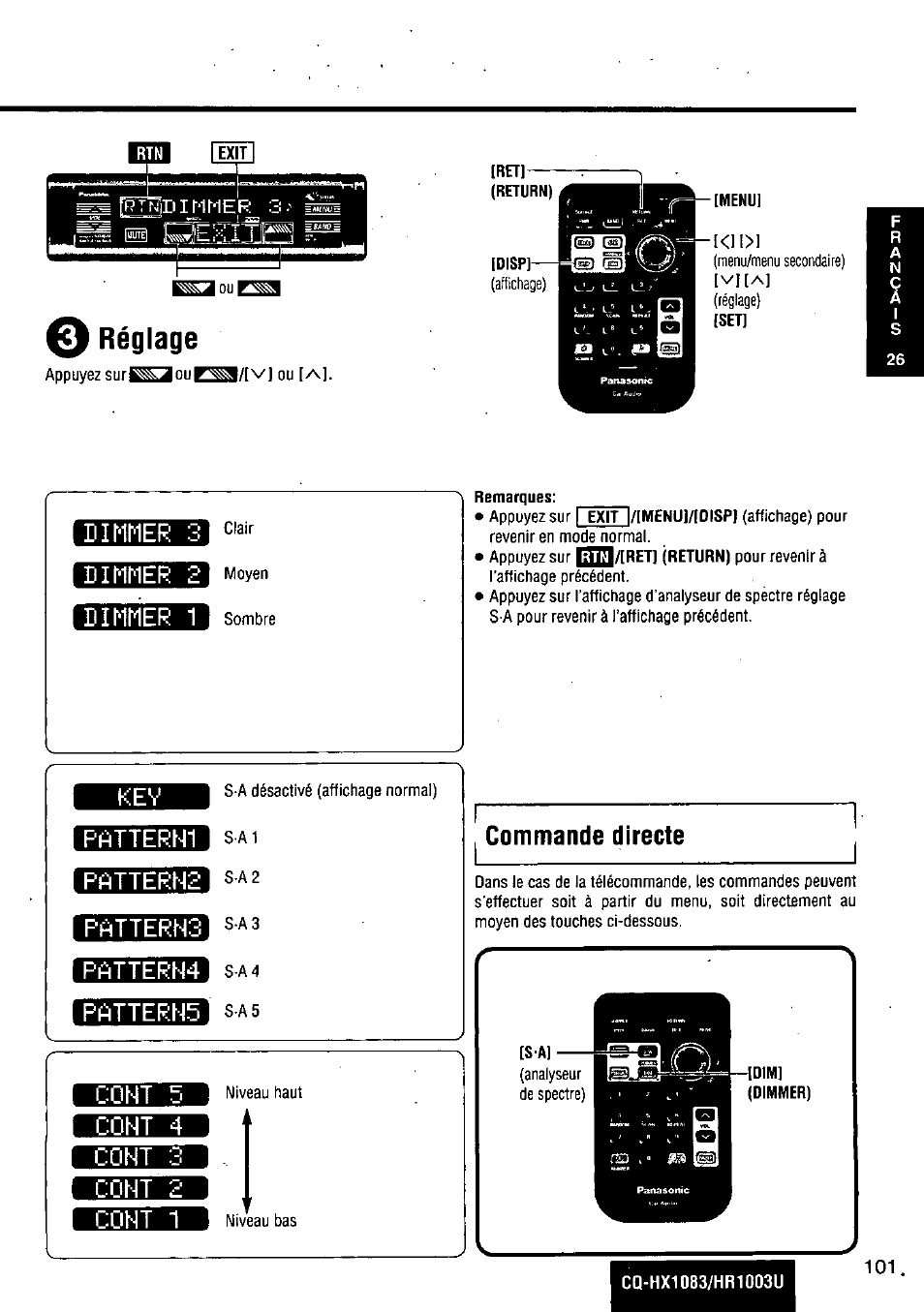 O réglage, Pattern1, Patterh2 | Pattern4, Patterns, Coht 4, Coht 2, Coht 1, Remarques, Commande directe | Panasonic Removable Full Front MP3 WMA /Receiver with CD Changer Control CQ-HR1003U User Manual | Page 101 / 172