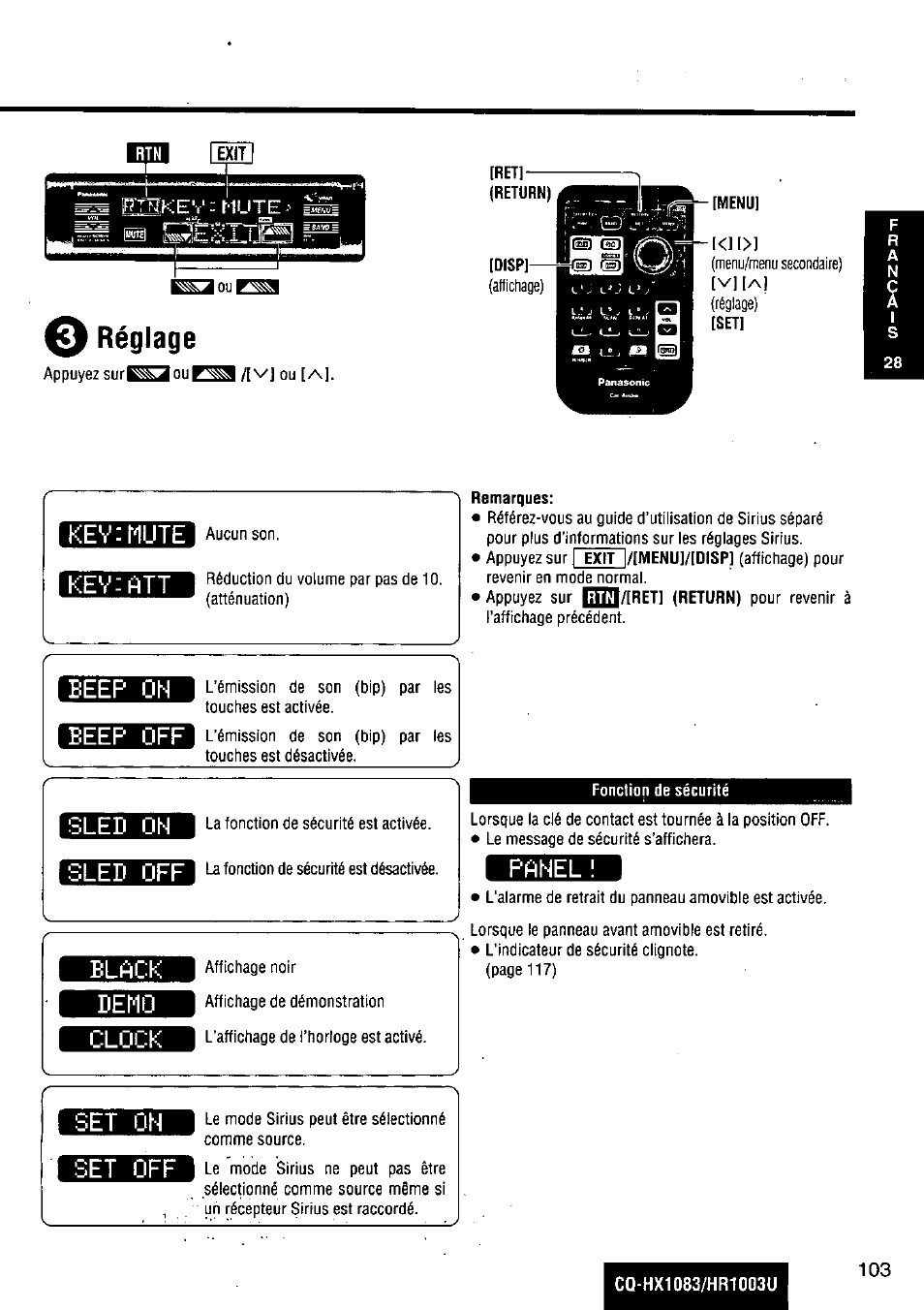 Réglage, Kevimute, Keviatt | Beep on, Beep off, Sled on sled off, Black demo clock, Panel, F■ set on | Panasonic Removable Full Front MP3 WMA /Receiver with CD Changer Control CQ-HR1003U User Manual | Page 103 / 172