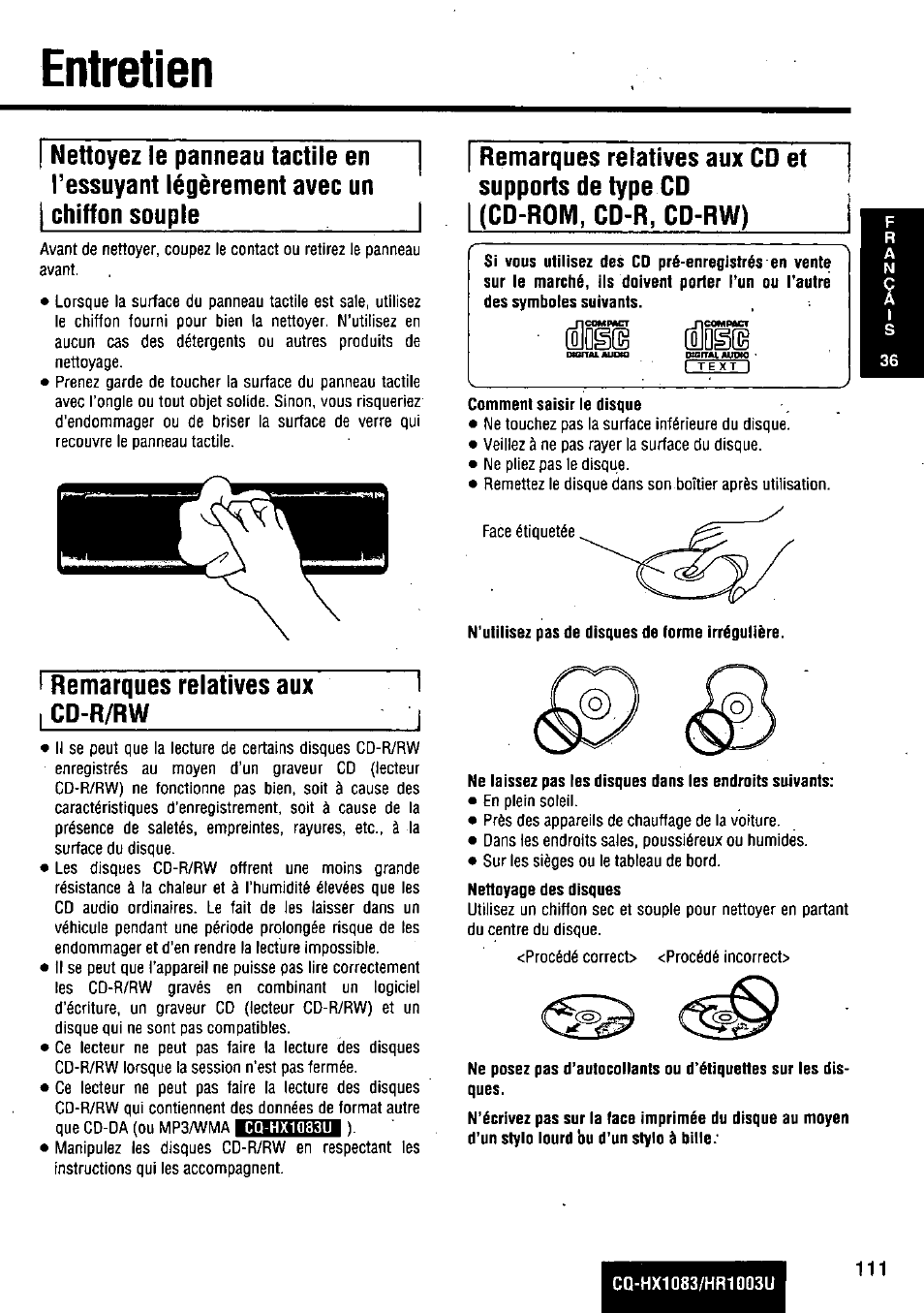 Entretien, Comment saisir le disque, N’utilisez pas de disques de forme irrégulière | O entretien, Ffijoi® (sose, T jrelxt j | Panasonic Removable Full Front MP3 WMA /Receiver with CD Changer Control CQ-HR1003U User Manual | Page 111 / 172