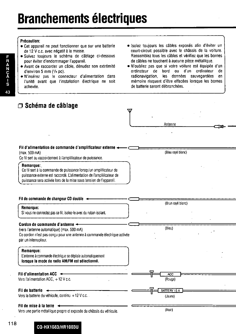 Branchements électriques, Schéma de câblage | Panasonic Removable Full Front MP3 WMA /Receiver with CD Changer Control CQ-HR1003U User Manual | Page 118 / 172