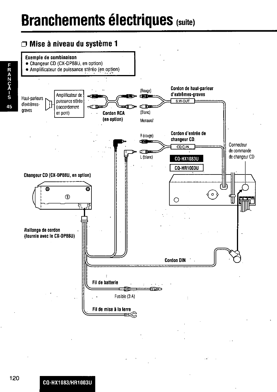 Branchements électriques (suite), Mise à niveau du système 1, Branchements électriques | Panasonic Removable Full Front MP3 WMA /Receiver with CD Changer Control CQ-HR1003U User Manual | Page 120 / 172