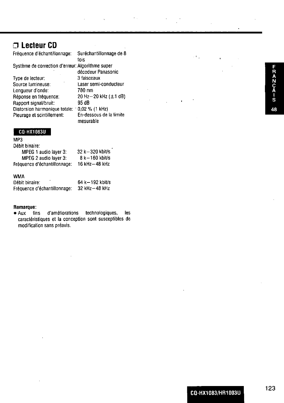 Lecteur cd, Remarque | Panasonic Removable Full Front MP3 WMA /Receiver with CD Changer Control CQ-HR1003U User Manual | Page 123 / 172