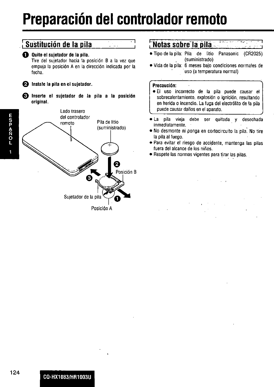 Preparación del controlador remoto, I sustituciónde la pila, Notas sobre'la pila | Panasonic Removable Full Front MP3 WMA /Receiver with CD Changer Control CQ-HR1003U User Manual | Page 124 / 172