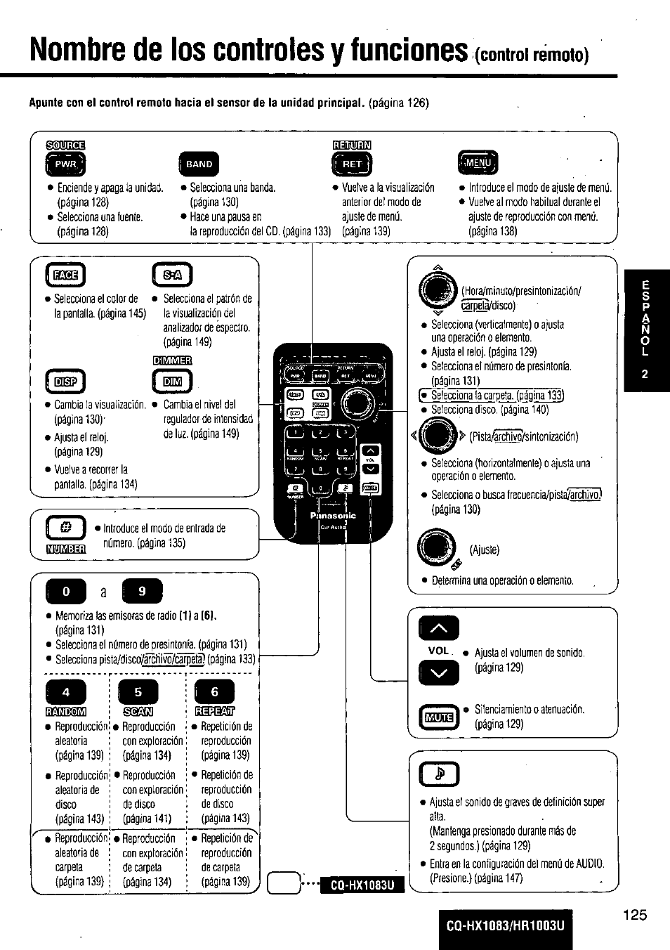 Nombre de los controles y funciones, Ssmsr, Control remoto) | Panasonic Removable Full Front MP3 WMA /Receiver with CD Changer Control CQ-HR1003U User Manual | Page 125 / 172