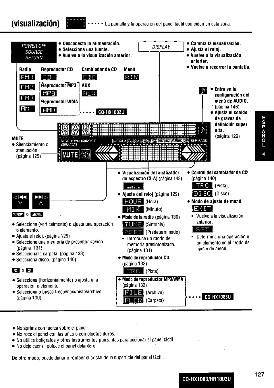Cambia la visualización, Control del cambiador de cd, Power off source return | Display, Visualización), Iggjj, Itun rset | Panasonic Removable Full Front MP3 WMA /Receiver with CD Changer Control CQ-HR1003U User Manual | Page 127 / 172
