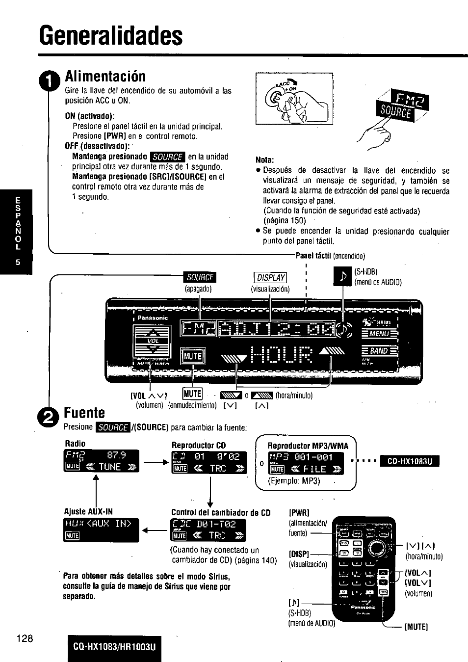 Generalidades, Alimentación, Nota | Fuente, Radio, Ajuste aux-in, Ipwr, Dispj, Hl^iiai, Ktimuié | Panasonic Removable Full Front MP3 WMA /Receiver with CD Changer Control CQ-HR1003U User Manual | Page 128 / 172