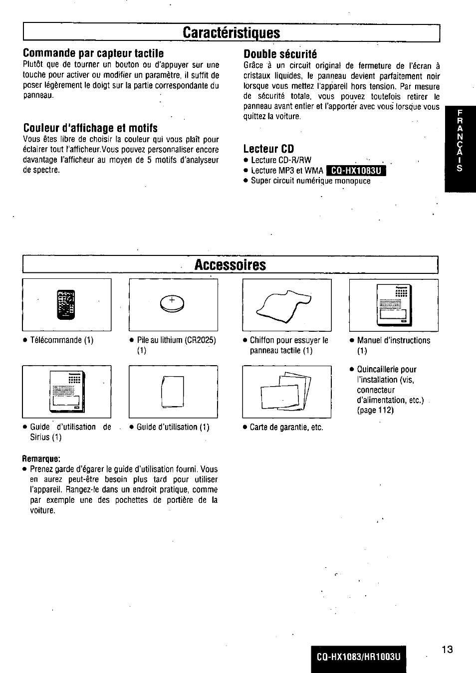 Caractéristiques, Accessoires, Remarque | Panasonic Removable Full Front MP3 WMA /Receiver with CD Changer Control CQ-HR1003U User Manual | Page 13 / 172