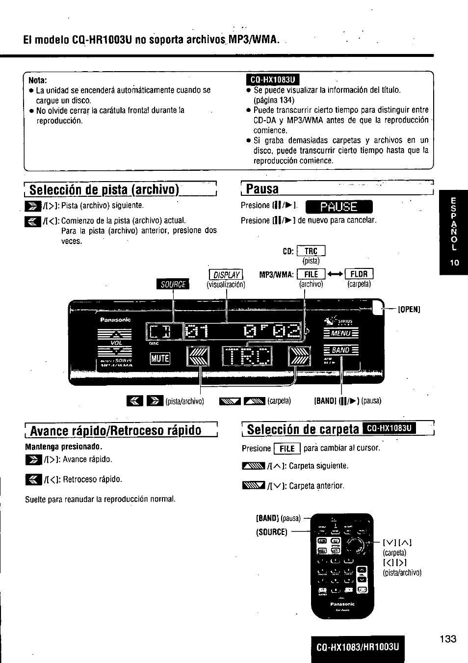 Nota, Selección de pista (archivo), Pausa | Avance rápido/retroceso rápido, Selección de carpeta, Fíúh | Panasonic Removable Full Front MP3 WMA /Receiver with CD Changer Control CQ-HR1003U User Manual | Page 133 / 172