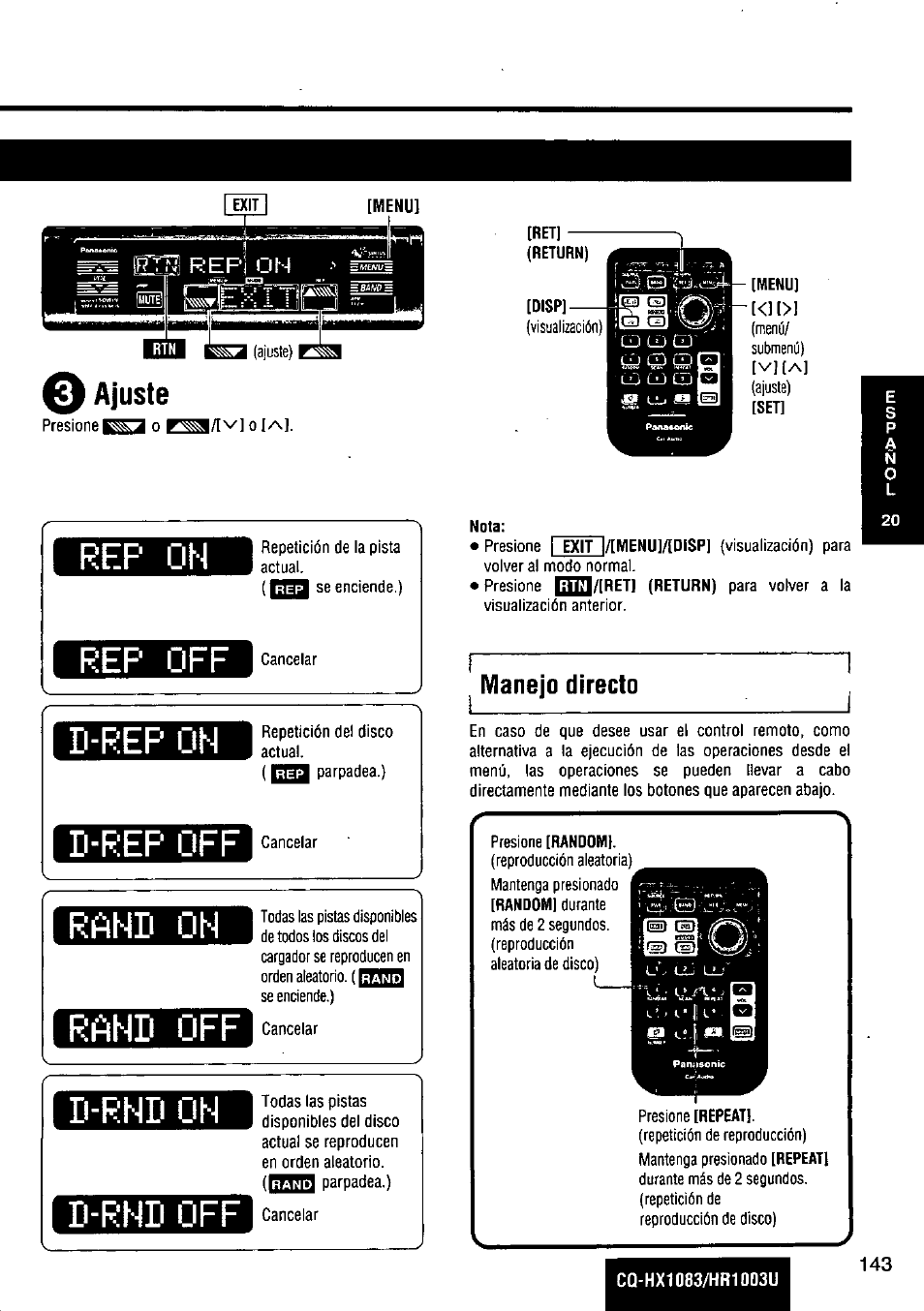 Ajuste, Disp, Manejo directo | Rahd on, Irahd off | Panasonic Removable Full Front MP3 WMA /Receiver with CD Changer Control CQ-HR1003U User Manual | Page 143 / 172