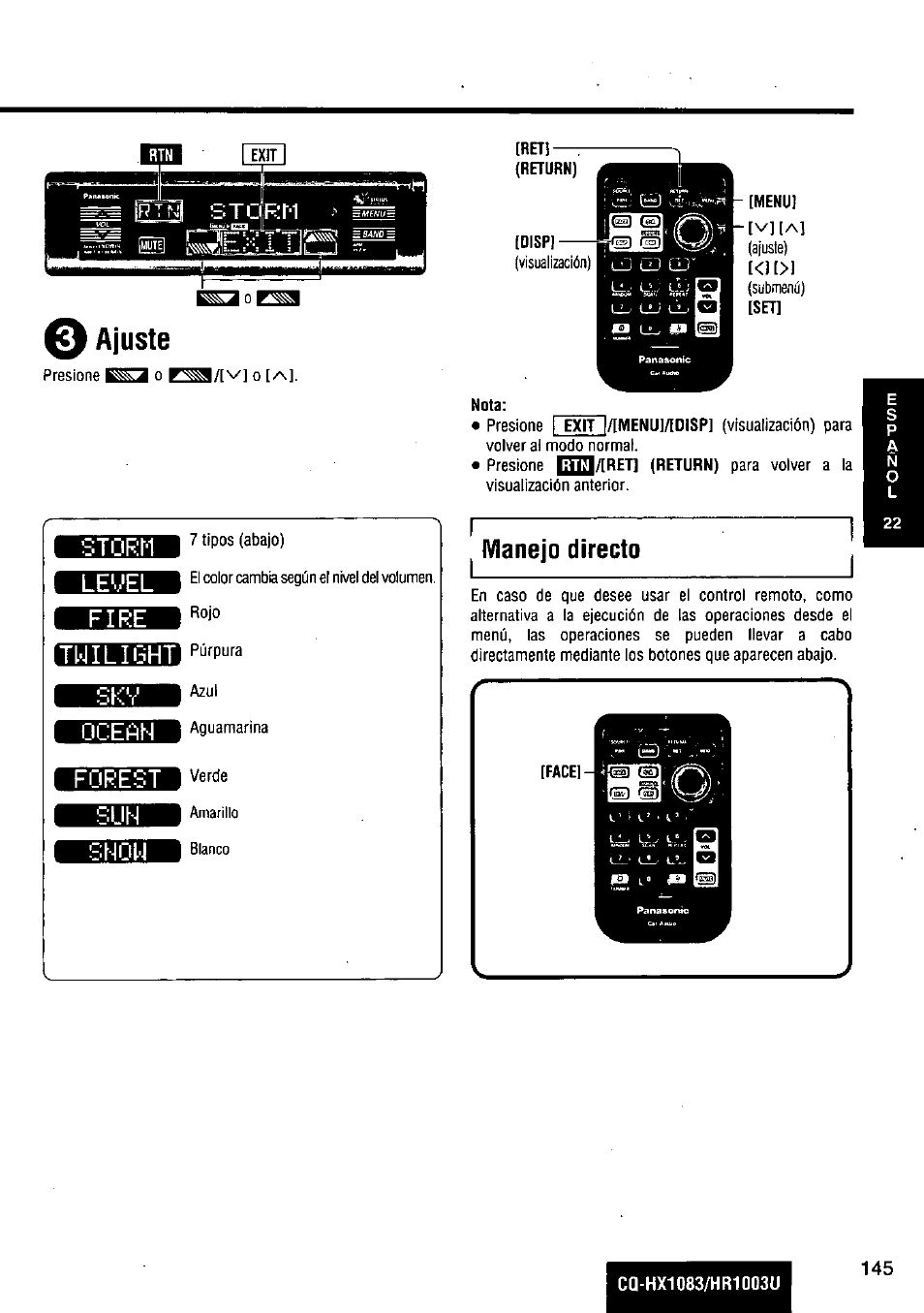 Ajuste, Storm, Le‘.æl | Fire, Ocean, Forest, Shon, Disp, Nota, Manejo directo | Panasonic Removable Full Front MP3 WMA /Receiver with CD Changer Control CQ-HR1003U User Manual | Page 145 / 172