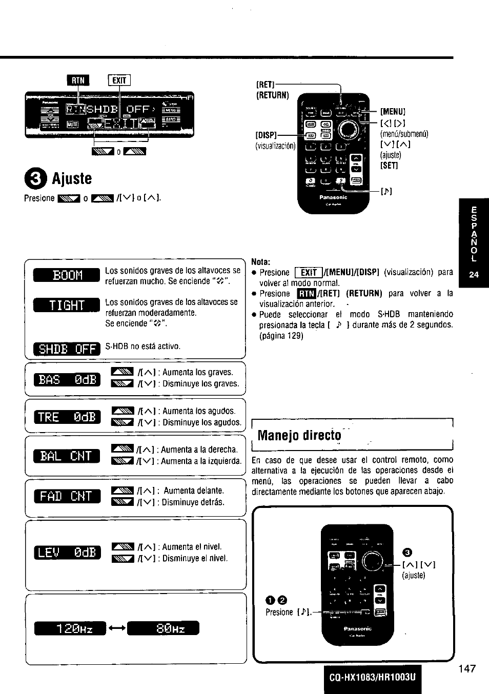 Ajuste, Boom, Tight | Shde off, Nota, Manejo directo, Lev 0de, 120hz, Boom tight shde off, Eas 0de | Panasonic Removable Full Front MP3 WMA /Receiver with CD Changer Control CQ-HR1003U User Manual | Page 147 / 172