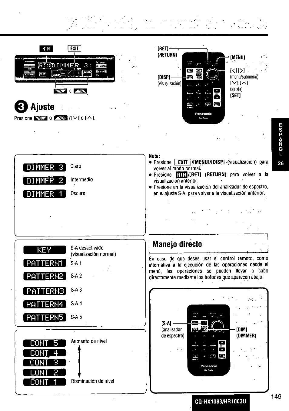 Ajuste, Dimmer 3, Dimmer 2 | Dimmer 1, Patterh1, Patterh2, Patterns, Pattern4, Cont 5, Manejo directo | Panasonic Removable Full Front MP3 WMA /Receiver with CD Changer Control CQ-HR1003U User Manual | Page 149 / 172