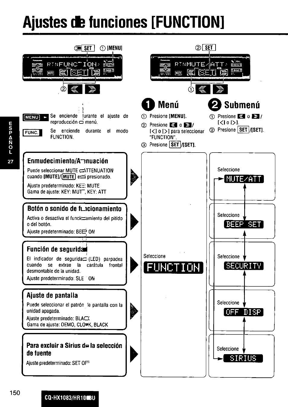 Ajustes (fe funciones [function, Menú ^ submenú, Off disp | Sirius, Ajustes de funciones [function, Function, Sirius nute •'•att, Deep set, Segur | Panasonic Removable Full Front MP3 WMA /Receiver with CD Changer Control CQ-HR1003U User Manual | Page 150 / 172
