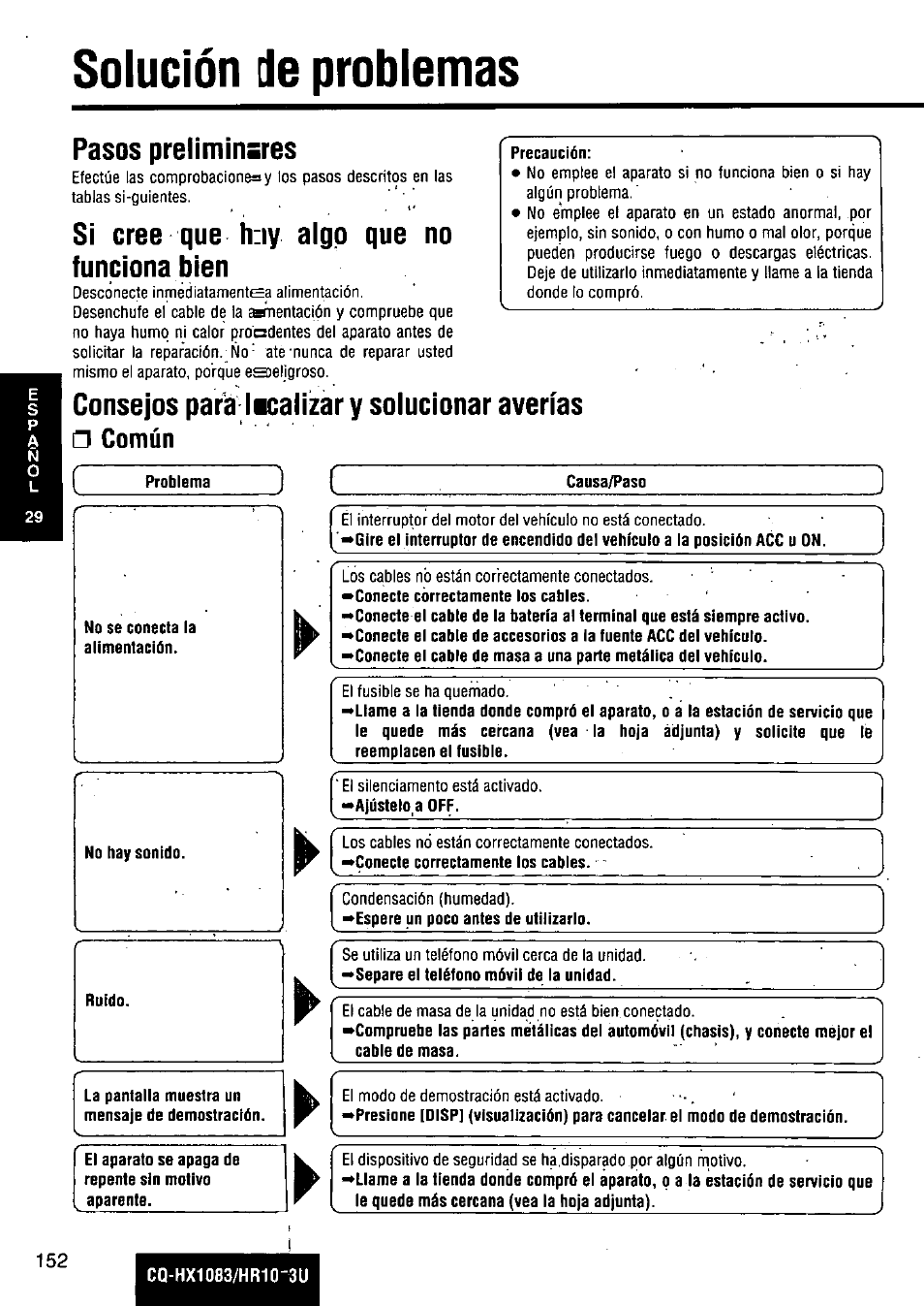 Solución de problemas, Pasos preliminares, Si cree que h:iy algp que no funciona bien | La pantalla muestra un mensaje de demostración, Causa/paso, Consejos para licalizar y solucionar averías, Común | Panasonic Removable Full Front MP3 WMA /Receiver with CD Changer Control CQ-HR1003U User Manual | Page 152 / 172