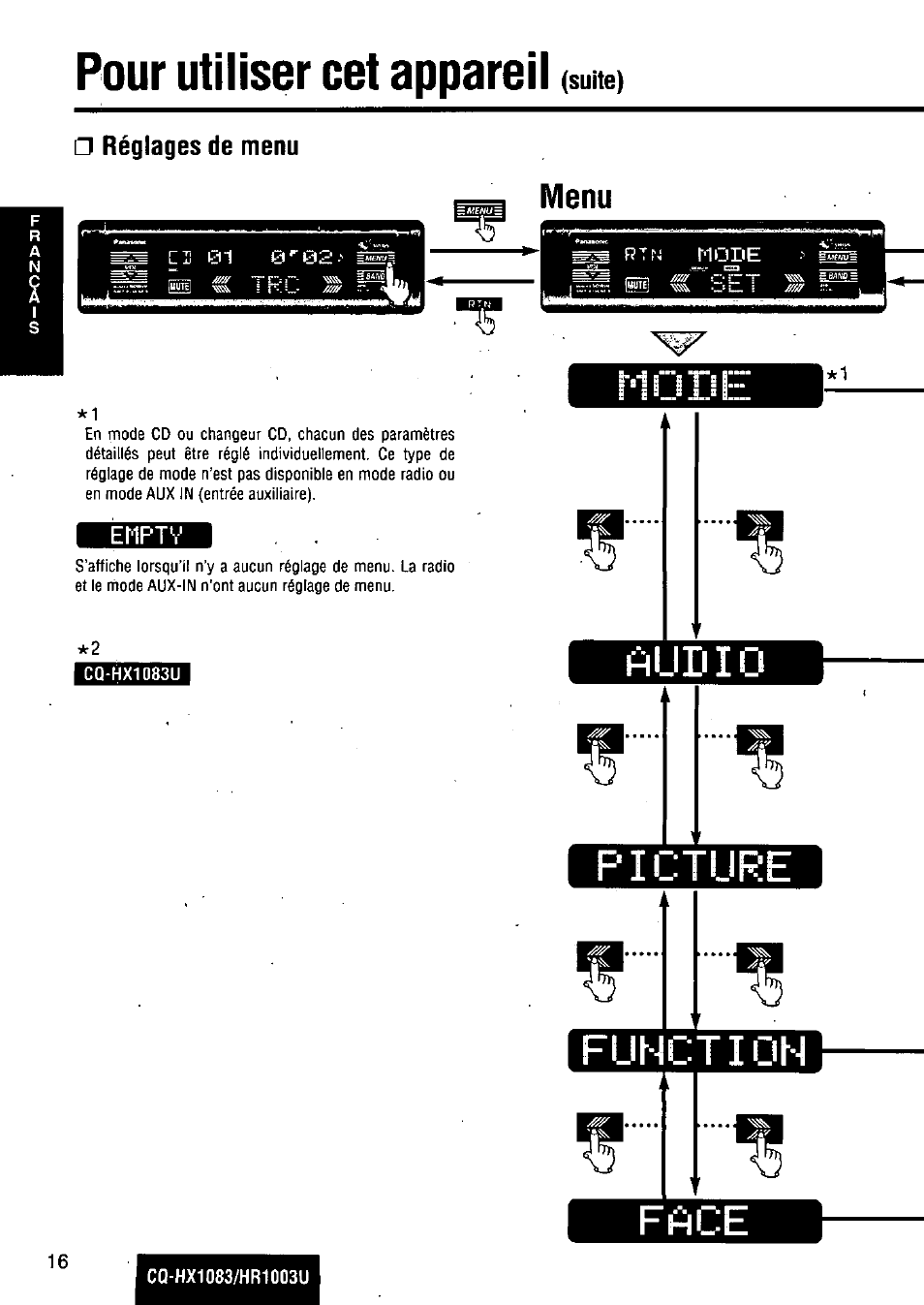 Pour utiliser cet appareil, Réglages de menu, Enptv | Rliniü, Picture functioh, Menu | Panasonic Removable Full Front MP3 WMA /Receiver with CD Changer Control CQ-HR1003U User Manual | Page 16 / 172